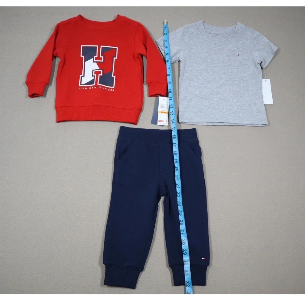 Tommy Hilfiger Baby Boys Basic Tshirt Fleece Crewneck and Joggers 3 Pc Set - Red